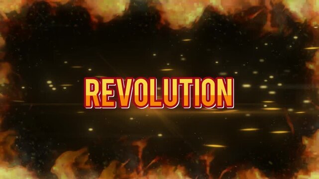 Animated revolution text with fire background with video bold revolution typography explosion animation political uprising with background