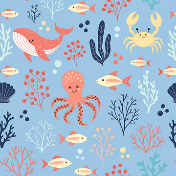 Seamless kids pattern of happy sea creatures, whale, octopus, crab and fish