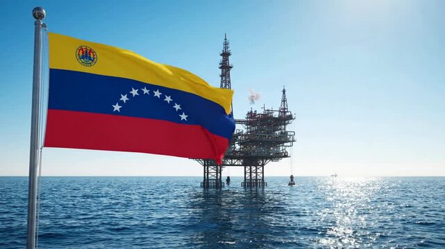 Venezuela Flag Waving with Offshore Oil Rig under Clear Blue Sky. AI Generated.