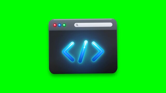 Glowing Coding Window Icon 3D Animation on Green Screen