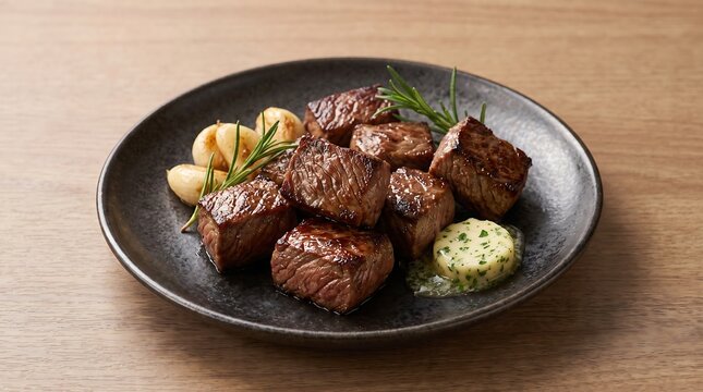A static shot captures cooked beef cubes, garlic cloves, and butter on a black plate over a wooden table, under bright indoor lighting with warm brown tones creating a calm and savory meal.