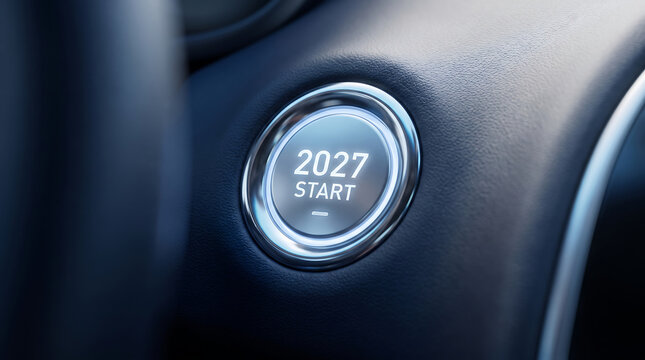 Close-up of a modern car start button on a vehicle dashboard interior representing future automotive technology and innovation
