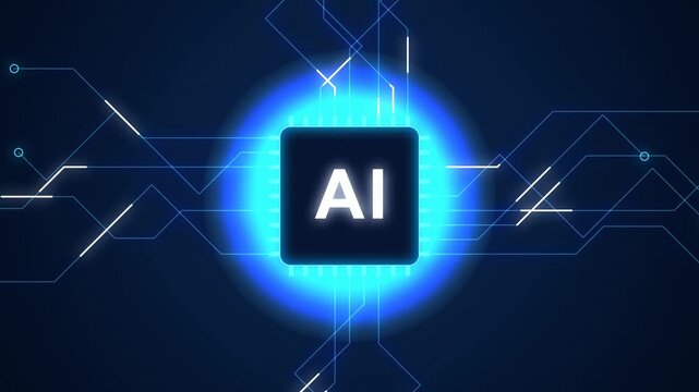 AI processor chip with glowing circuit traces and data pulses travelling outward, technology loop