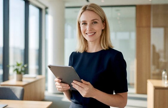 Professional businesswoman holding a tablet in a modern office