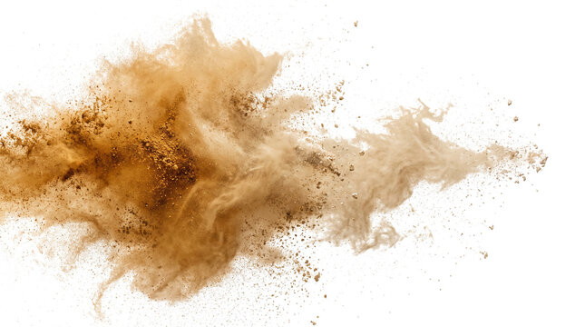 Abstract brown powder explosion with dusty splash and scattered particles isolated on a white background