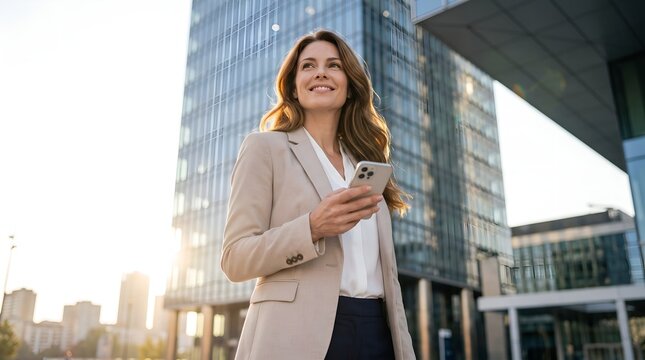 Businesswoman holding a smartphone standing outside a modern office