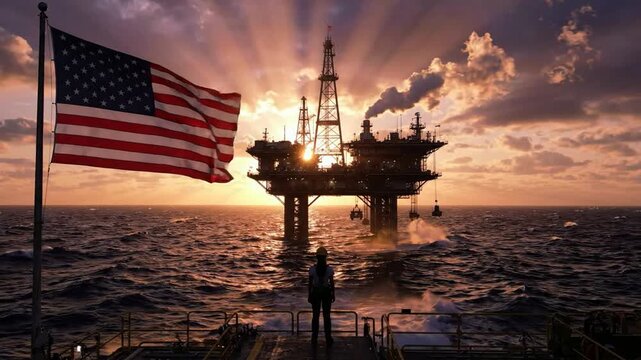 United States Flag Waving with Worker Silhouette Facing Offshore Oil Rig and Dramatic Sun Rays. AI Generated.