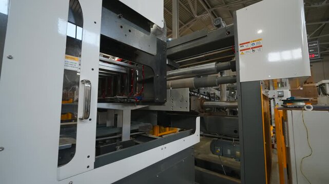 Industrial machine inside factory hall with exposed rollers, safety panels, wiring, vents, warning decals, and heavy metal structure under bright overhead light