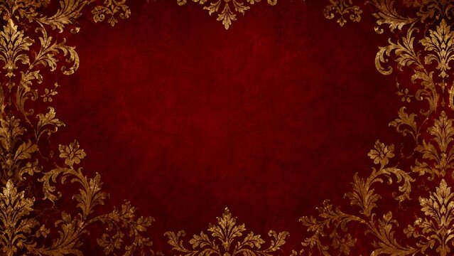 Elegant Christmas damask pattern background with gold ornamental scrollwork on deep burgundy red velvet, copy space in center