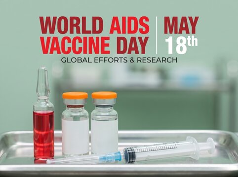 World aids vaccine day medical research concept with vials and syringe on metal tray in clinic