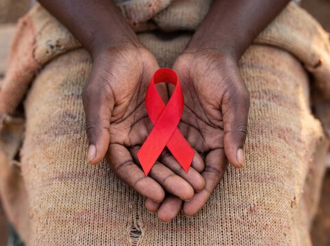 Close up of hands holding red aids awareness ribbon symbol representing support for world health day