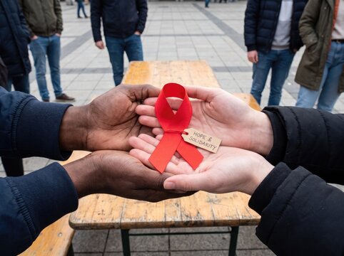 Diverse people holding red ribbon with hope and solidarity tag outdoors for social awareness