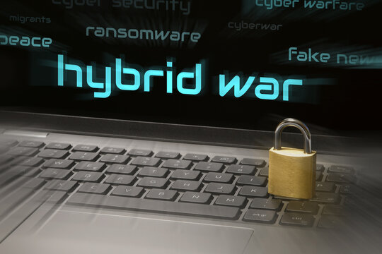 Hybrid War and Cybersecurity Concept with Padlock on a Laptop Keyboard