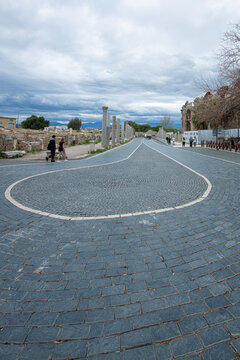 Side Ancient City. This photograph shows the Agora Baths, a historic bath complex dating back to the Roman period.