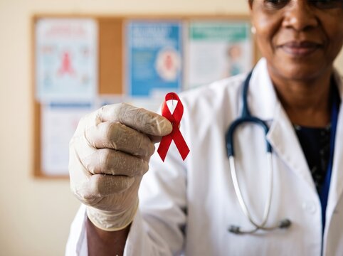 Female doctor in white coat holding red aids awareness ribbon symbol in clinic for health campaign