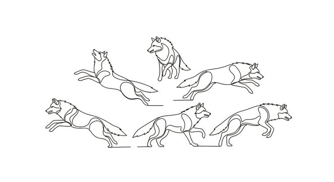 Minimalist wolf line art sketches in various active poses