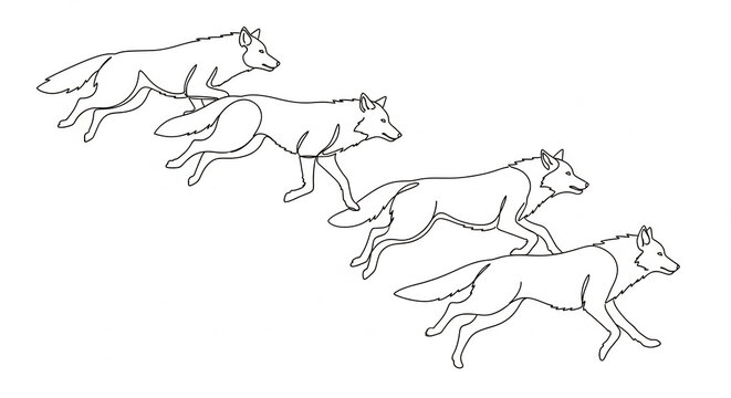 Running wolf pack continuous line art illustration