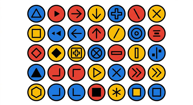 Colorful game icons featuring arrows and geometric symbols on white