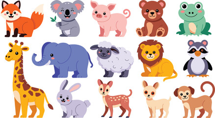 Obraz premium Cute Baby Animal Vector Set Featuring Cartoon Fox, Koala, Giraffe, Elephant, Lion, and Bear Characters for Nursery Wall Art and Kids Educational Designs