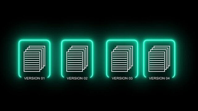 Document version control concept on the black background. Revision history and change tracking. Motion graphics of online document controlling neon glowing animation