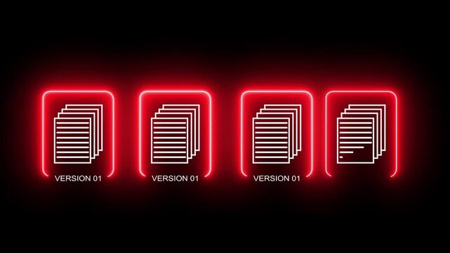 Document version control concept on the black background. Revision history and change tracking. Motion graphics of online document controlling neon glowing animation