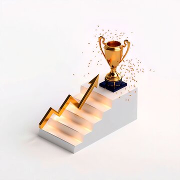 3D Business Success Concept with Golden Trophy and Rising Stairs