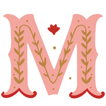 Letter M floral vintage monogram drop cap christmas ornament typography vector illustration