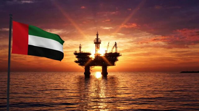 United Arab Emirates Flag Waving with Offshore Oil Rig Silhouette and Sun Rays at Sunset. AI Generated.