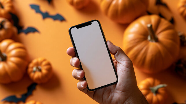 Cell phone in hand with an orange halloween background cropped view of a hand holding a smartphone with a blank screen pumpkins and bats decoration on an orange backdrop easy to edit