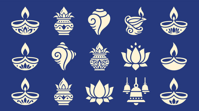 Beautiful diwali icon set and vector bundle celebrating the festival of lights with traditional indian designs and motifs