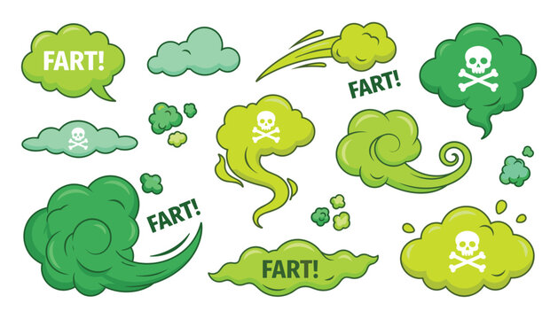 Fart cartoon vector set featuring stinky green gas clouds toxic smoke puffs and funny smell icons