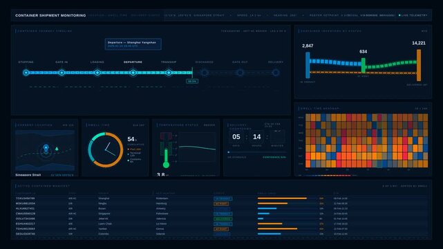 Explore a detailed container shipment monitoring dashboard showcasing location, dwell time, and delivery status with animated visual elements and engaging data representations.