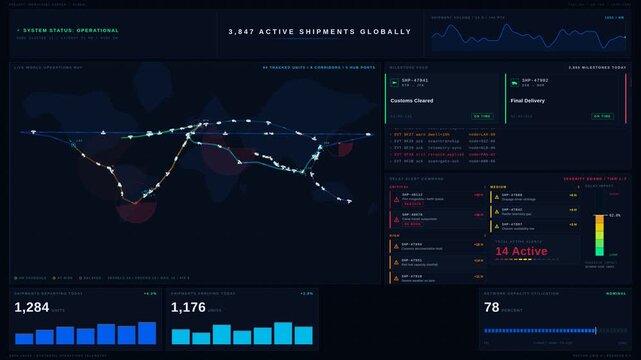 Experience a dynamic Freight Operations Center with live shipment maps, milestones, and delay alerts, featuring a high-tech user interface and vibrant neon accents.