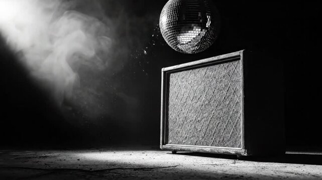Black and white disco scene with a retro speaker and a sparkling mirror ball against a smoky background