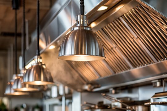 Commercial restaurant kitchen exhaust hood and stainless steel lamps