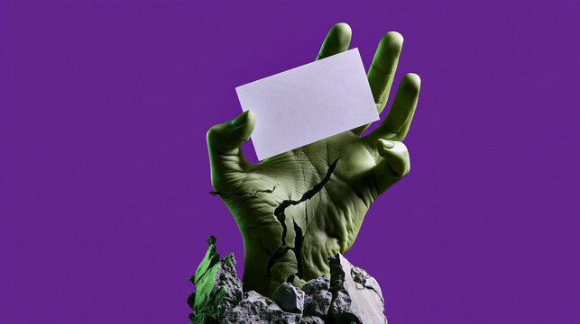 Green zombie hand rising from rubble holding a blank white business card against a purple background cracked stone fragments around the wrist studio light zombie hand business card