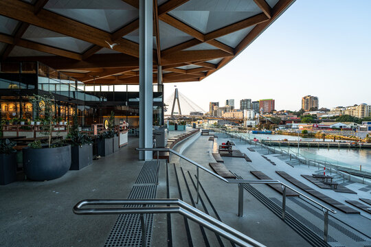 Terraced waterfront seating at Sydney Fish Market with Anzac Bridge September 24 2026