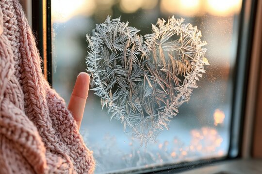 Frosty heart shape on window glass with cozy winter sweater texture