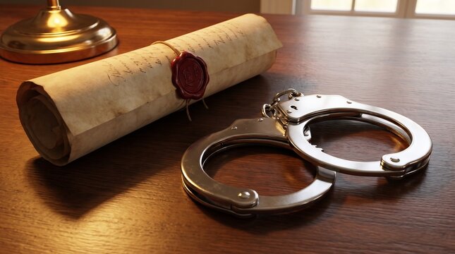 Vintage paper scroll featuring a red wax seal representing legal authority lying beside polished metallic handcuffs on a rich mahogany wooden desk surface under warm soft lighting captured in this hig