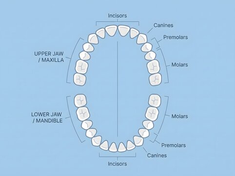 Dental anatomy chart showing human teeth types and jaw structure