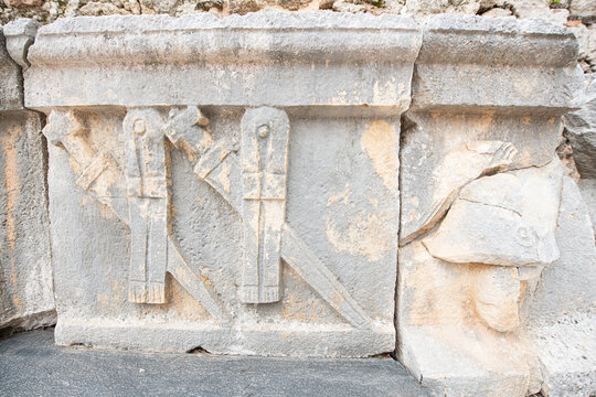 Side Ancient City. This photograph shows ancient stone blocks and relief fragments displayed in the open-air exhibition area of ​​the Side Museum.