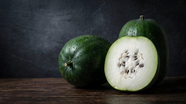 Fresh winter melons on wooden table with dark background