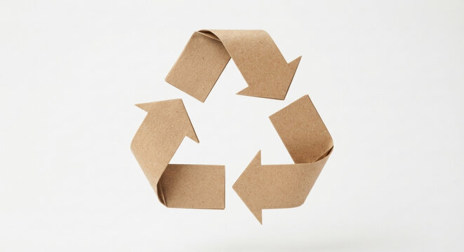 Kraft paper recycling symbol made from three folded arrows forming a continuous triangular loop, isolated on a clean white background. Natural brown.