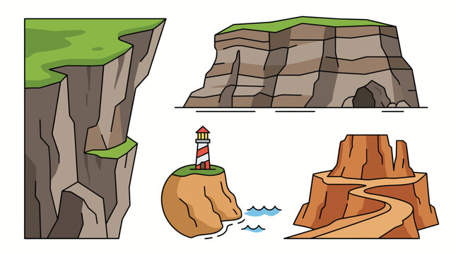 Cartoon cliff vector set with grassy rock face, layered sea cliff cave, lighthouse headland and desert canyon path