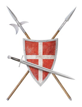 sword red shield with white cross lance and halberd isolated on white