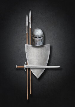 sword helmet shield and two spears on grunge background