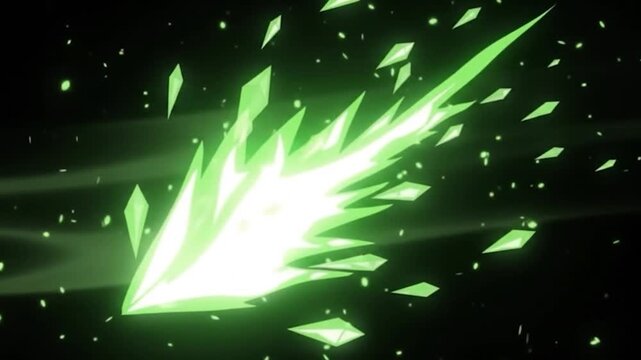 Green energy blast disintegrates into particles against a dark backdrop. explosion fragments shards lime glow luminescence disintegration decay destruction impact force kinetic movement animation digi