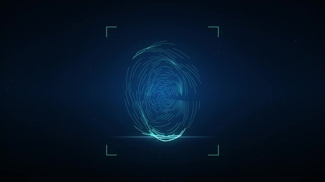 Digital fingerprint scanning animation with glowing blue lines on a dark starry background representing biometric security and identity verification