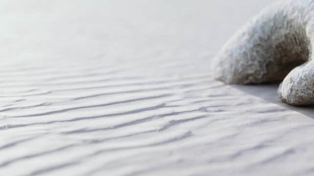 Soft, warm sand ripples under fading light create a calming scene. A smooth stone rests nearby, inviting thoughts of peace and natures beauty as waves gently touch the shore.
