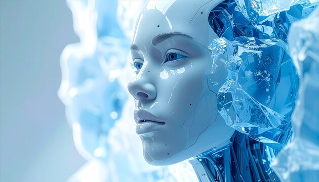 Artificial intelligence safety concept with humanoid robot android face frozen in blue ice representing AI hibernation